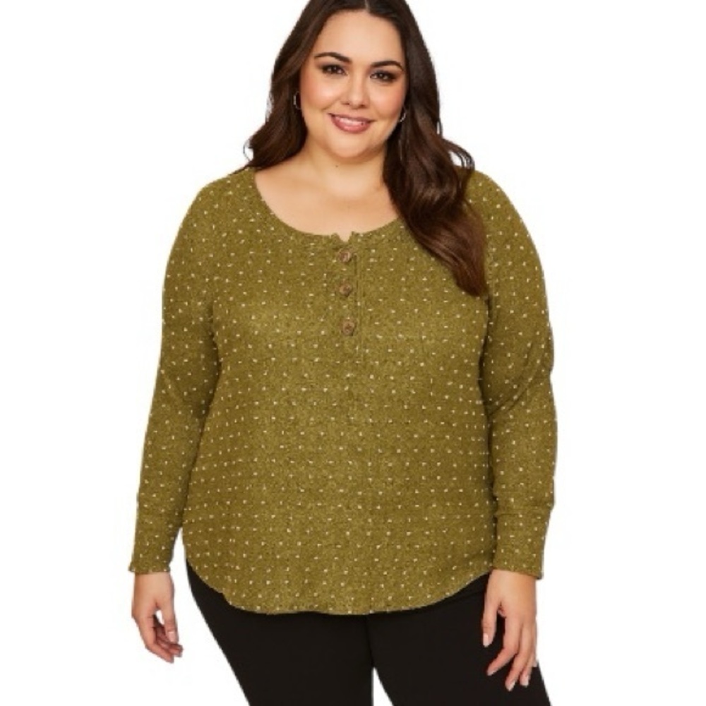 Perch by Blu Pepper Olive Textured Polka Dot Knit Top • Plus Size 2X • NWT